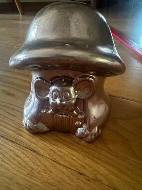Vtg mouse and mushroom piggy bank copper color possibly enesco kitschy